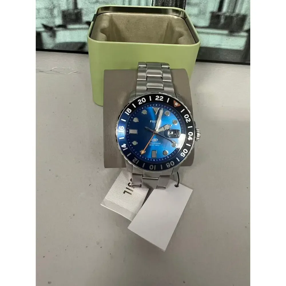 Fossil FS5991 Men's Quartz Watch Blue Dial GMT Dive Style Stainless Steel Band